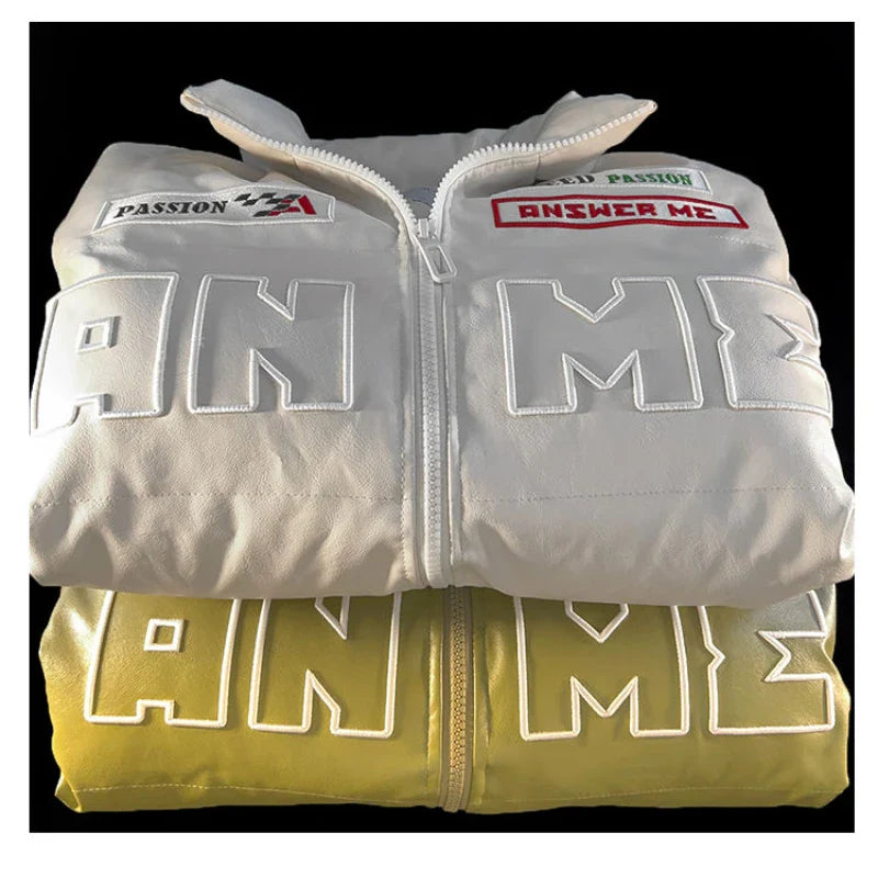 American Embroidered PU Leather Bread Clothes Y2K Street Casual Couple Cotton Coat Warm Coat