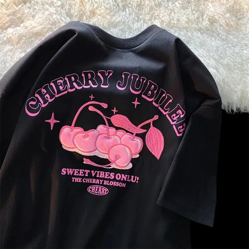 Cartoon Cherry Print Loose Fit Short Sleeve T-Shirt Polyester Crew Neck Top Sweet Lazy Couple Shirt Trendy