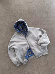 Blue Double-Sided Simple Style Wearable Gray Sweatshirt Plaid Inside Gothic Jacket