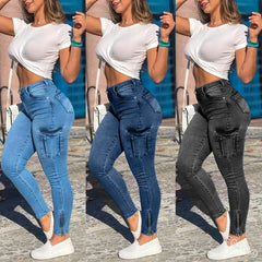 Slim Fit Workwear Pants Jeans Capri Trendy Style High Waist Straight Leg Blue Denim Trousers