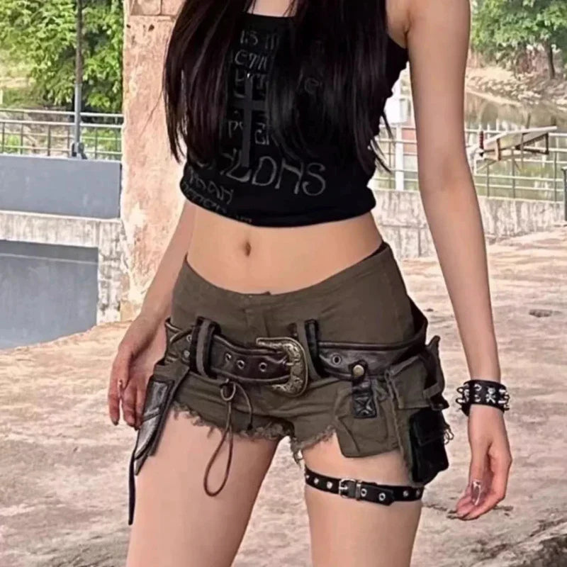 American High Street Y2k Babes Mini Shorts Vintage Wasteland Style Cargo Denim Pants Retro Low Rise Pants