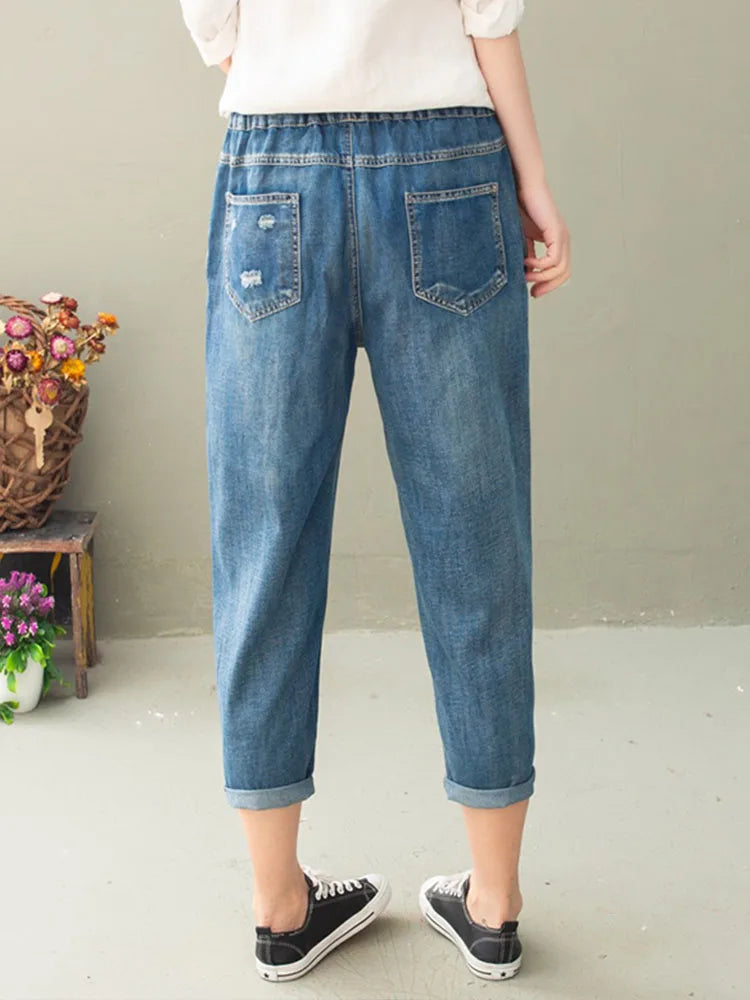 AmaxluluE Vintage Floral Loose Denim Pants Chinese Style Casual Ripped Blue Jeans Holes Elastic Harem Trousers