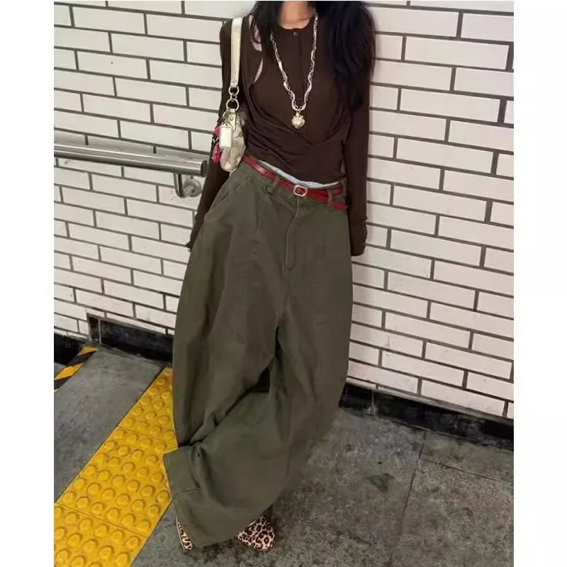 Loose Knife Edge High Waist Straight Leg Denim Jeans American Retro Silhouette Long Trousers