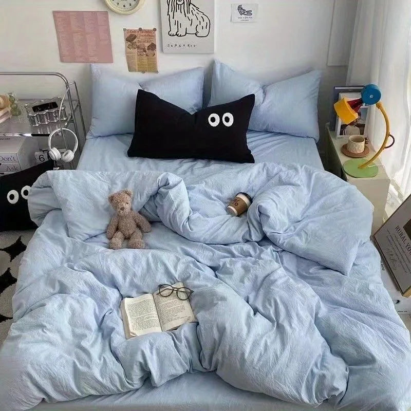 Cute Duvet Cover Set with Sheet Pillowcase No Filler Warm Solid Color Bed Linen Full Queen Size Korean Big Eyes Home Bedding Set