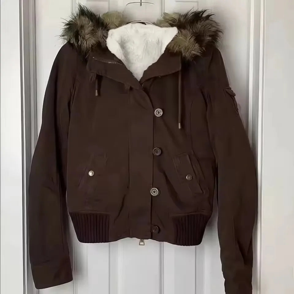 Y2K Hooded Jacket Short Bomber Coat Faux Fur Collar Warm Casual Streetwear Zipper Outerwear Ladies Clothes