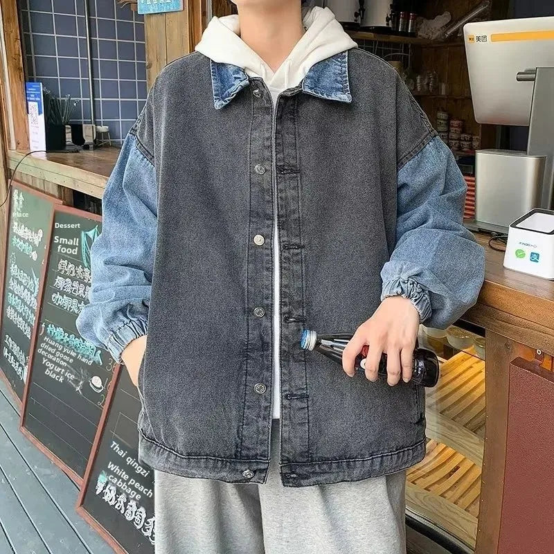 Retro Denim Jacket Design Patchwork Color Block Collar Stand up Loose Fit Casual Trendy Top