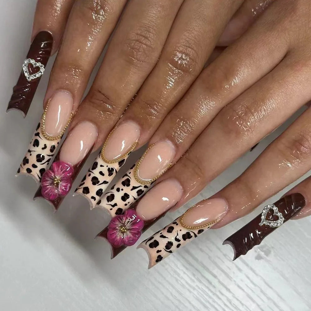 24Pcs Long Coffin Leopard Print False Nails with Glue Sweet Cool Diamond Fake Nail Set Floral French Press on Wearable Nail Tips