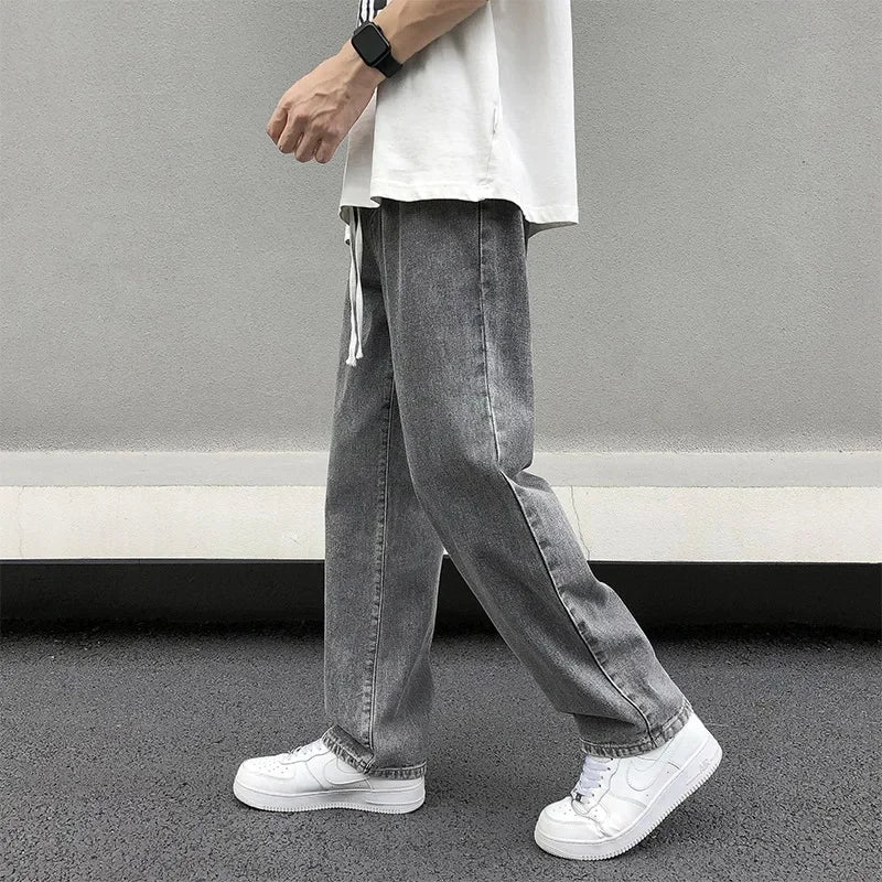 Casual Straight-Leg Jeans Loose-Fit Elastic Waist American Style Wide-Leg Trousers Arrival High Street Fash