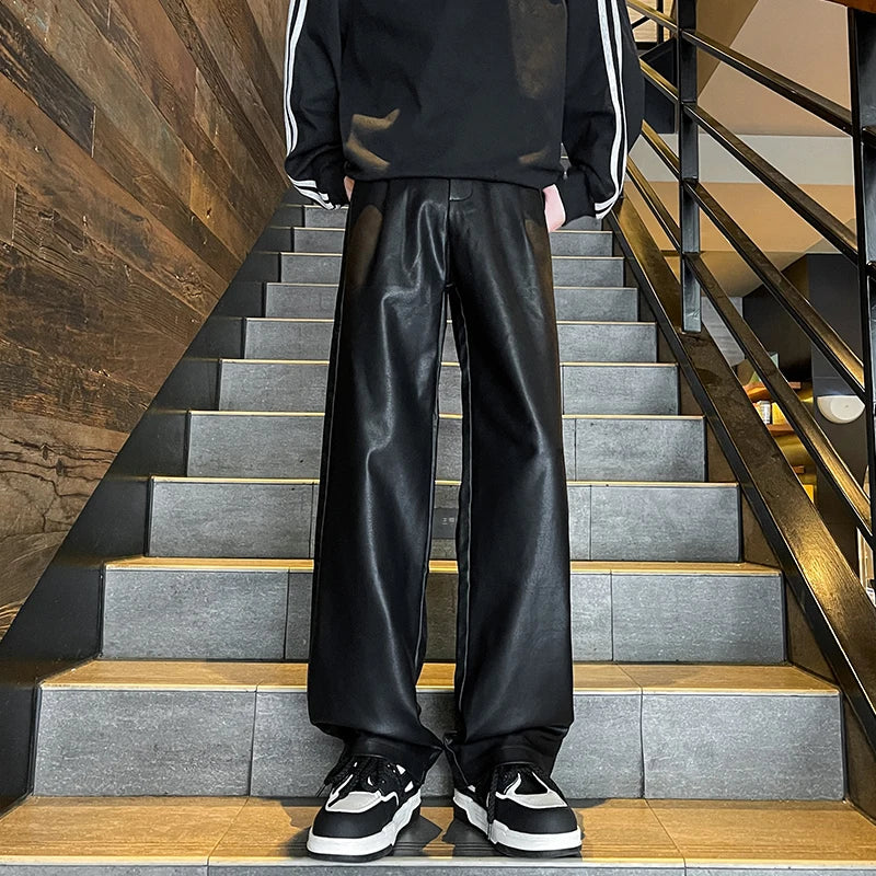 PU Leather Motorcycle Pants Coffee/Black Wide-leg Mopping Trousers All-match Windproof Plus Size 8XL-M