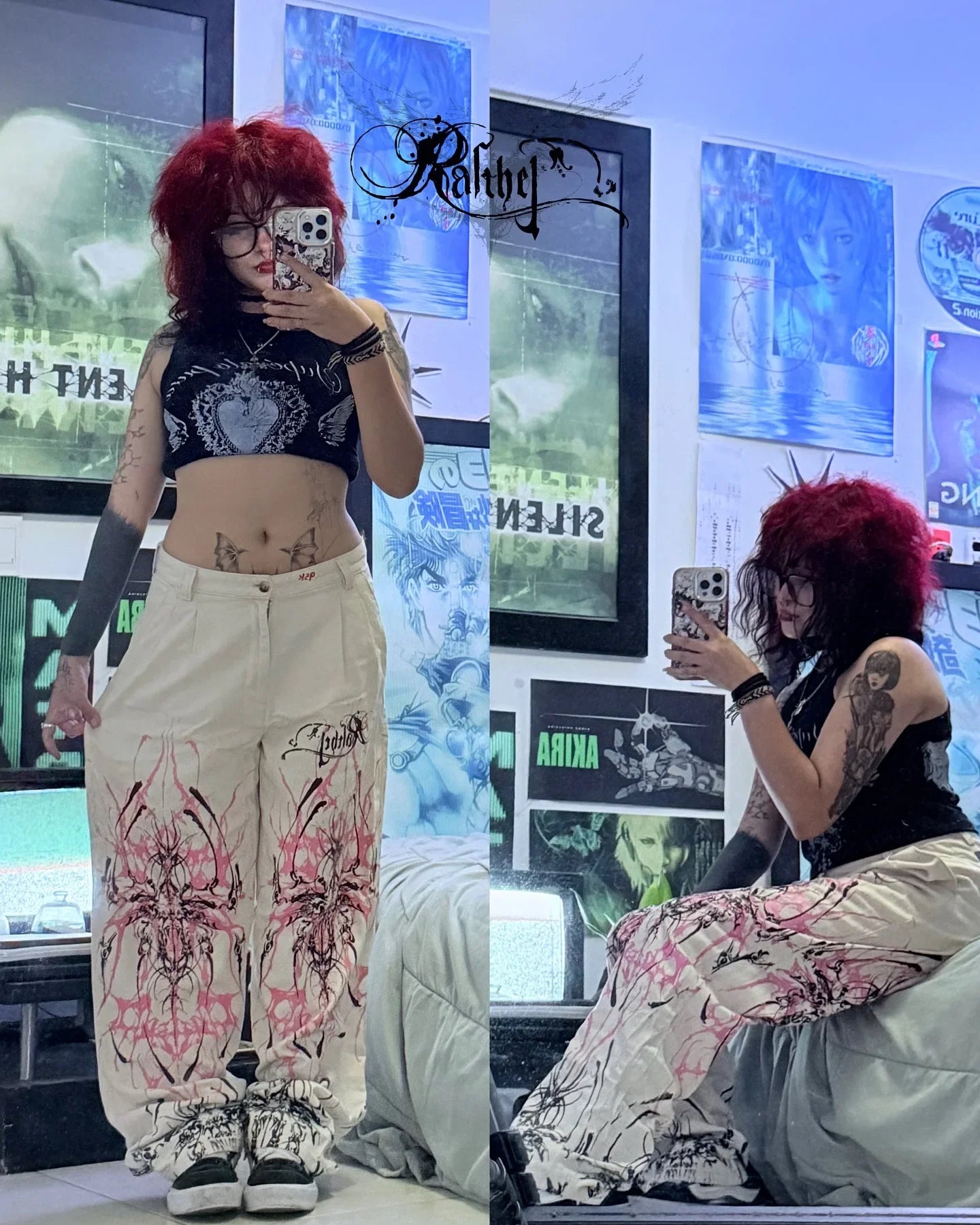 Y2K Goth Streetwear Cargo Pants Beige Wide Leg Trousers with Red Floral Graffiti Print Loose Fit Casual Punk Hip Hop Bottoms