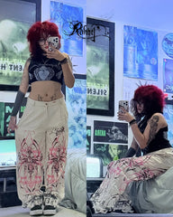 Y2K Goth Streetwear Cargo Pants Beige Wide Leg Trousers with Red Floral Graffiti Print Loose Fit Casual Punk Hip Hop Bottoms