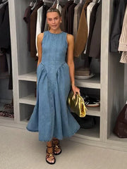 Trendy Denim Dresses Backless Sleevess Long O-Neck Dress Vintage Washed Blue Casual Daily Beach Streetwear