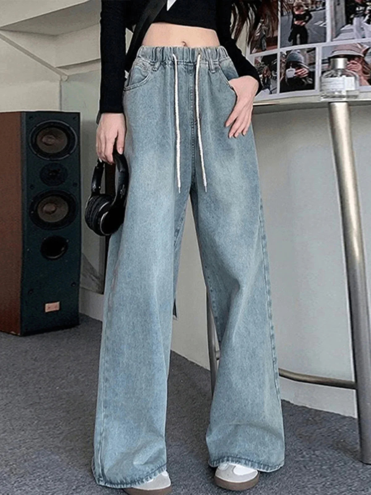 Botvotee Elastic Waist High Waist Wide Leg Jeans
