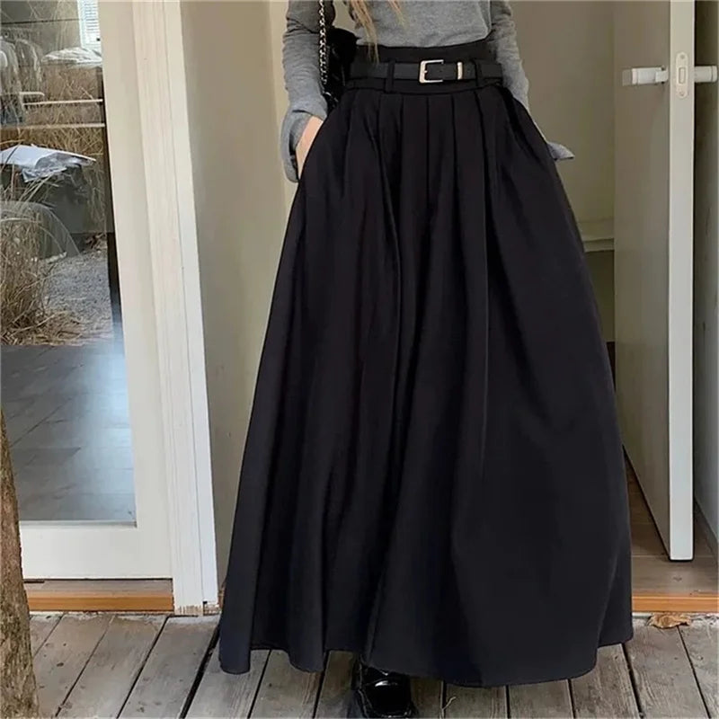 High Waist Jupe Korean Pleating Swing Skirt Vintage Office Falda Holiday Loose Solid Long Skirt