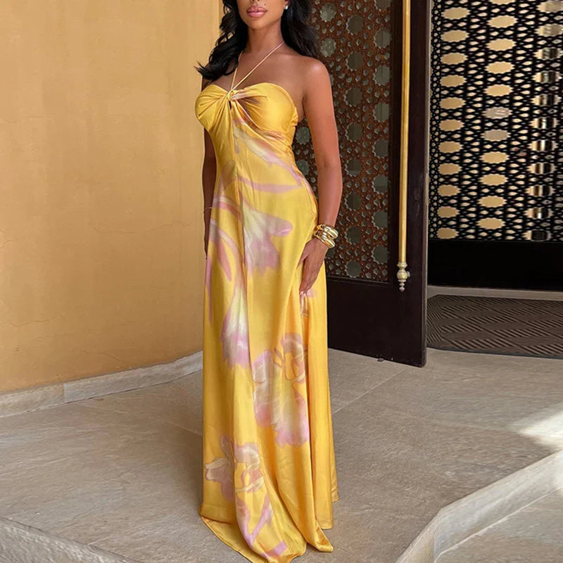 Yellow Printed Halter Satin Dress Hollow Off Shoulder Bohemian Dress Sleeveless Slim Party Long Dresses