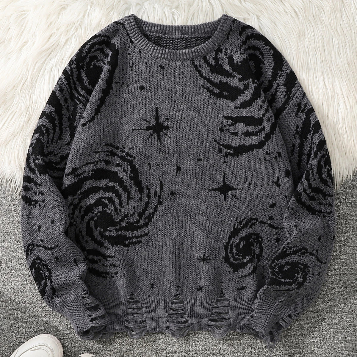 Trendy Street Style Ripped Abstract Starry Sky Pattern Pullover Ripped Sweater Casual Crew Neck Knitted Pullover