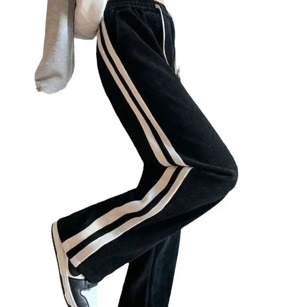 High Waist Thickened Fleece Lined Corduroy Pants Casual Straight Leg Trousers Color Block Stripe Design Trendy Long Pant