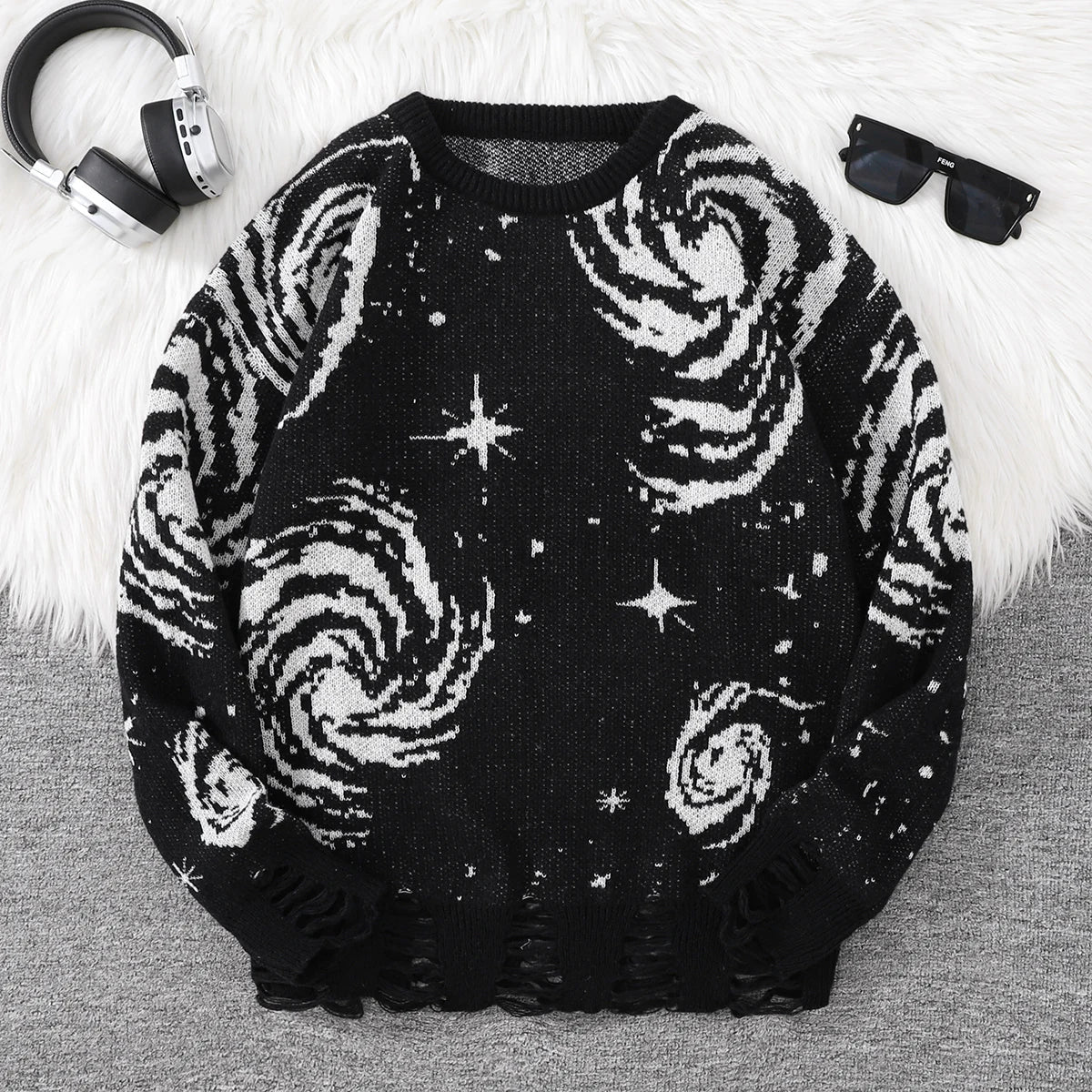 Trendy Street Style Ripped Abstract Starry Sky Pattern Pullover Ripped Sweater Casual Crew Neck Knitted Pullover