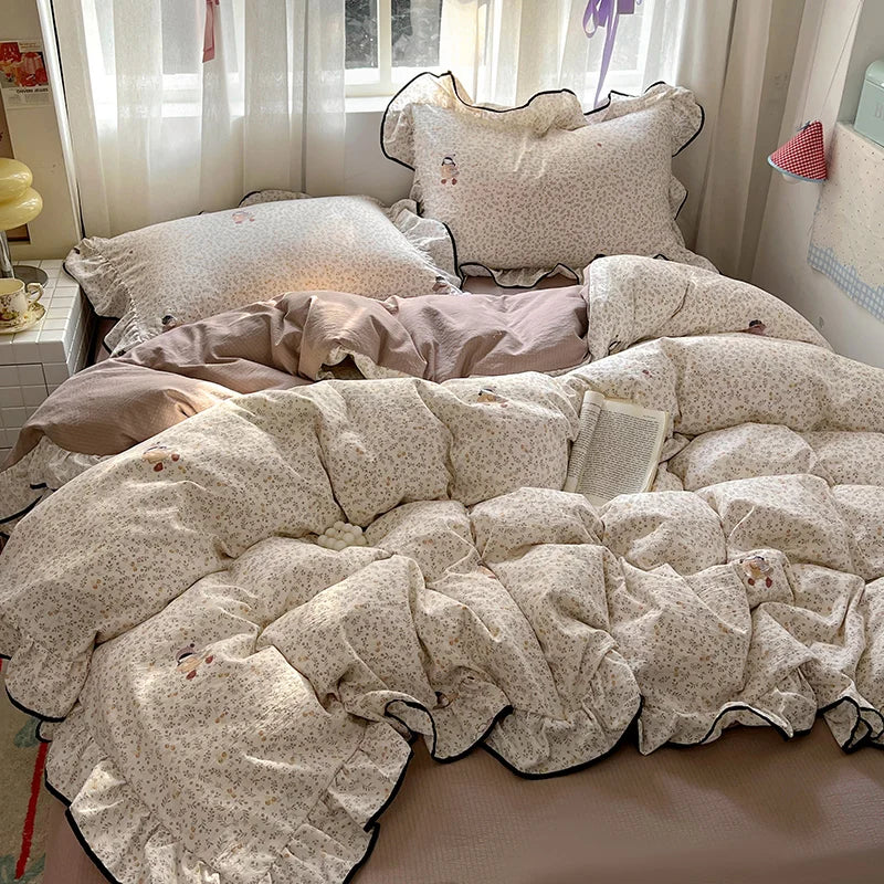 Ruffles Bedding Set Floral Style Duvet Cover Pillowcase with Bedsheet Skin-friendly Bed Linen Set Girls Room Bedclothes 이불세트