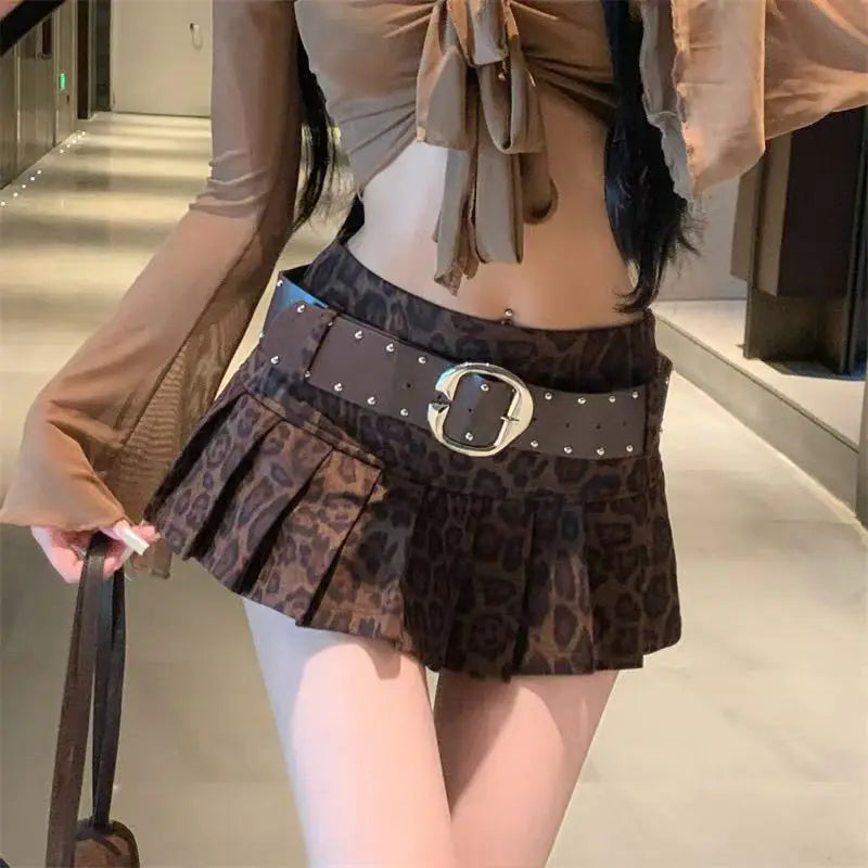 Leopard Print High-waist Short Skirt Y2k Girl Slim Pleated Skirts High Street Retro A-line Skirt