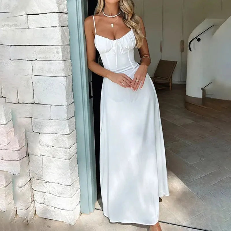 Solid Color Sleeveless Long Dress Casual Elegant A-Line Dresses Beach Vacation Spaghetti Strap