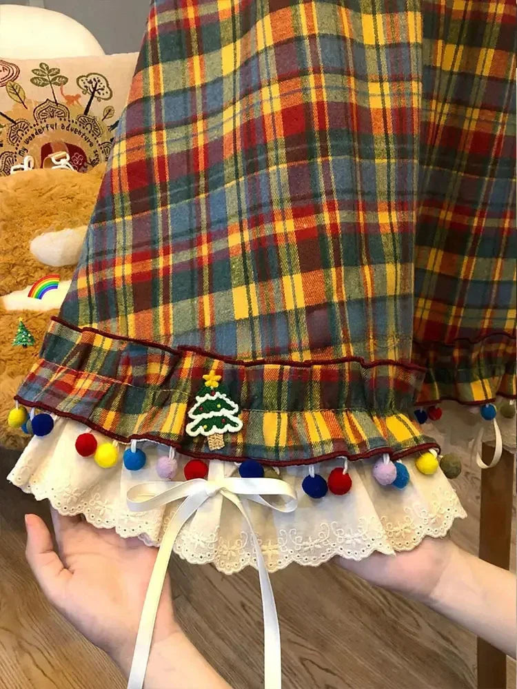 Kawaii Vintage Cute Plaid A-line Skirt Design Chic Elastic Waist Patchwork Skirt Pretty Loose Skirt Y2k