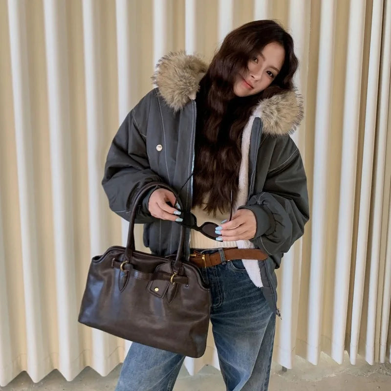 Cotton Padded Jacket Outerwear Thick Warm Oversize Short Coat Hooded Long Sleeve Fur Collar Parkas