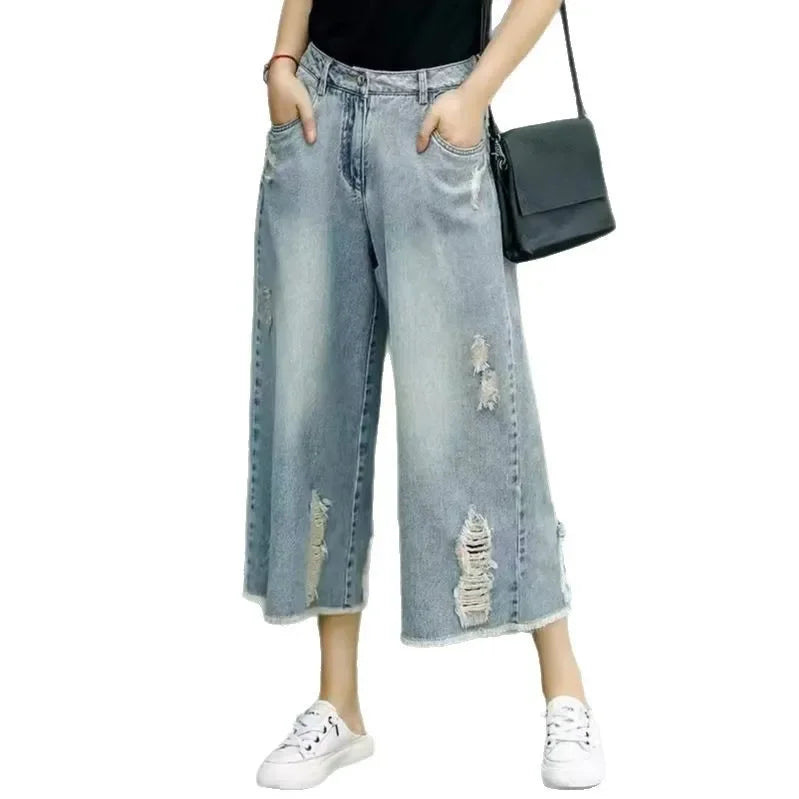 Retro Faded Hole Denim Jeans Thin High Waist Loose Wide Leg Pants Small Size Seven Casual Pants
