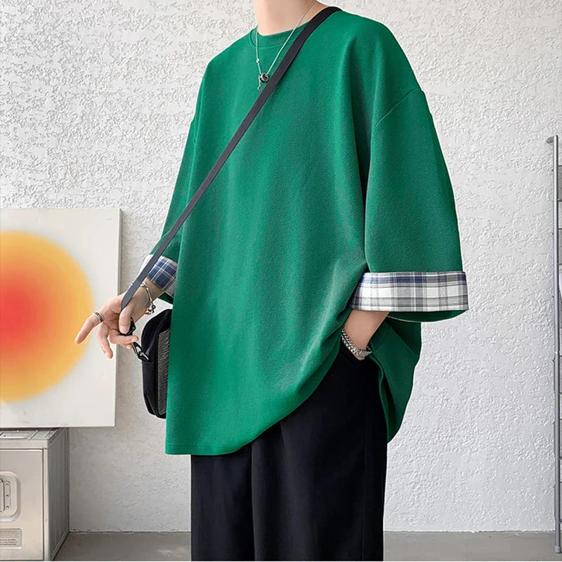 t shirts T-shirts Oversized 2XL Korean Style Loose Plaid T-shirt Casual Seven sleeves T-Shirt Male White