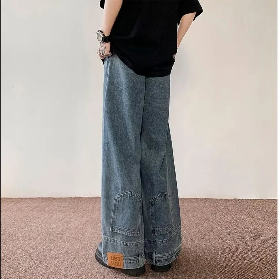 American Style High Street Upside Down Design Sensibility Jeans European Hip Hop Streetwear Fit Straight Leg Pants