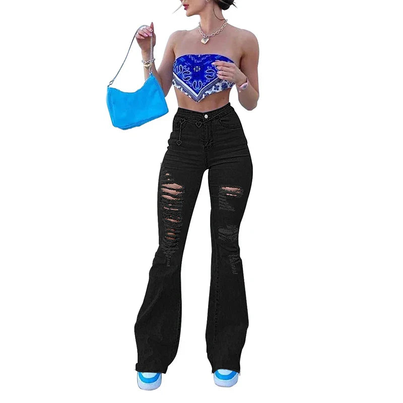 High Waist Black Flare Jeans Lady Bell Bottom Ripped Denim Pants Streetwear Distressed Classic Full Length Long Trouser