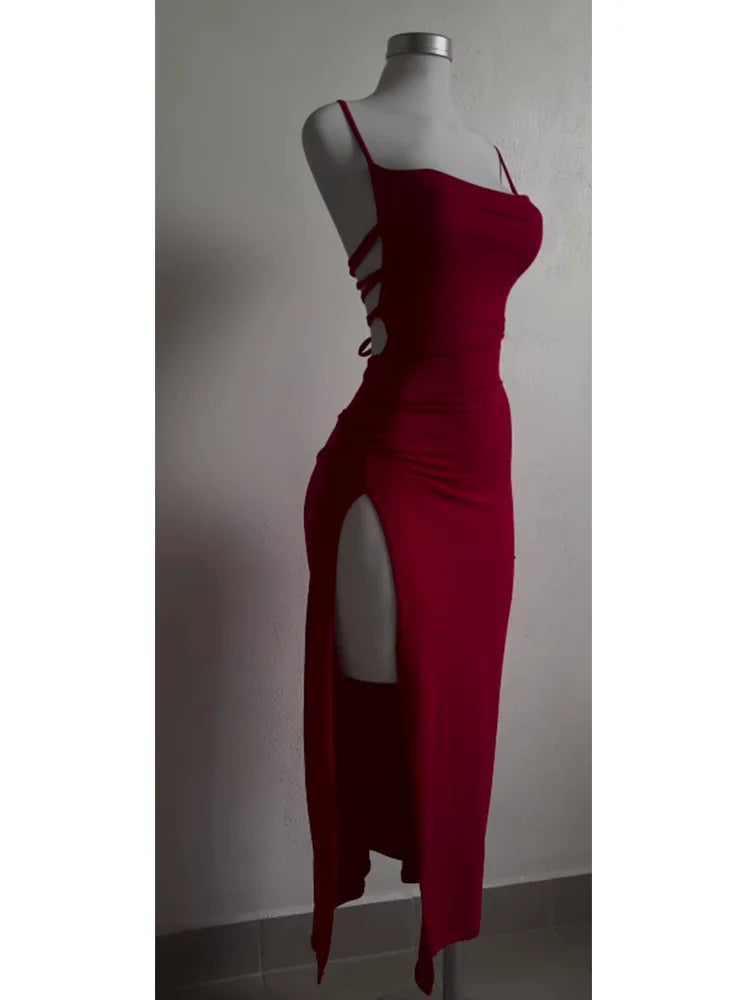 Backless Lace Up Long Dress Split Sleeveless Bodycon Party Club Evening Dresses High Street Suspender Robes
