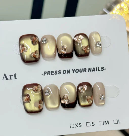 Beauty Colorful Short Square Round Detachable Manicure Kawaii Cat Eyes Glitter Sequins Rhinestone Handmade Full Cover Nail Tips