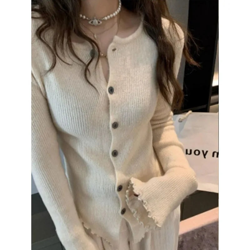 Deeptown Y2k Grey Vintage Kint Sweater Harajuku Long Sleeve Cardigan Irregular Korean Slim Jerseys Casual