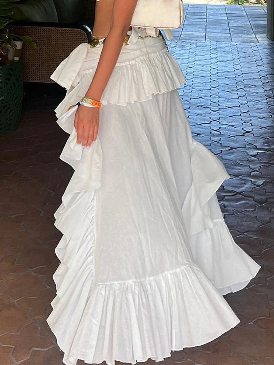 Elastic Band Waist Flowy Skirt Irregular Ruffle Asymmetrical Midi White Boho Skirt Streetwear