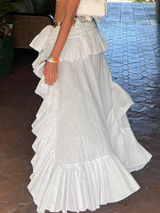 Elastic Band Waist Flowy Skirt Irregular Ruffle Asymmetrical Midi White Boho Skirt Streetwear