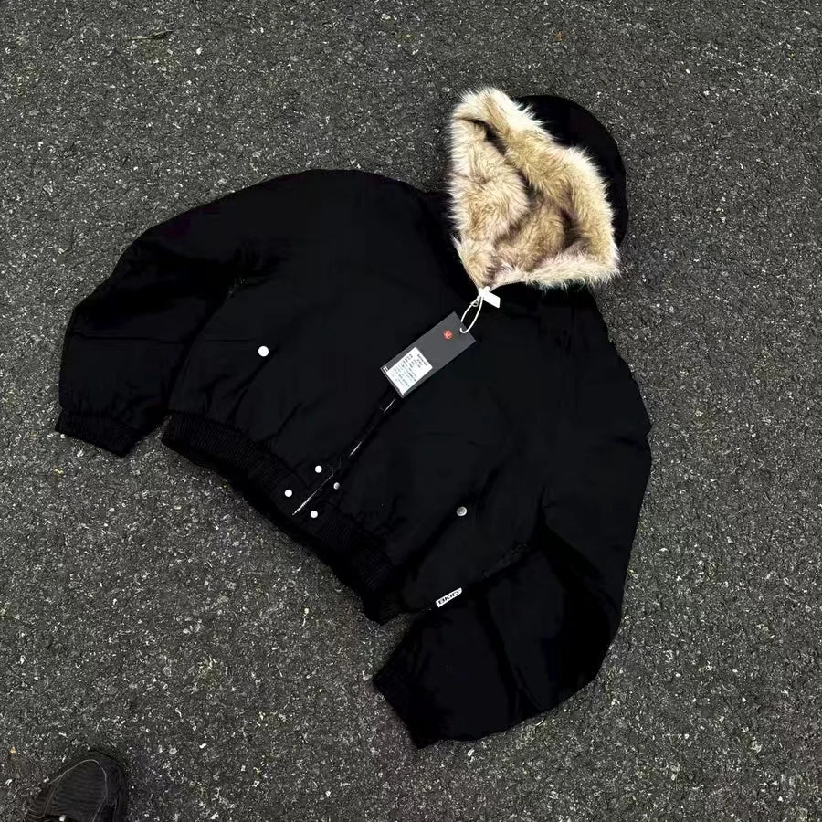 Y2K American Black Retro Wool Collar Thickened Cotton Jacket