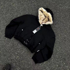 Y2K American Black Retro Wool Collar Thickened Cotton Jacket