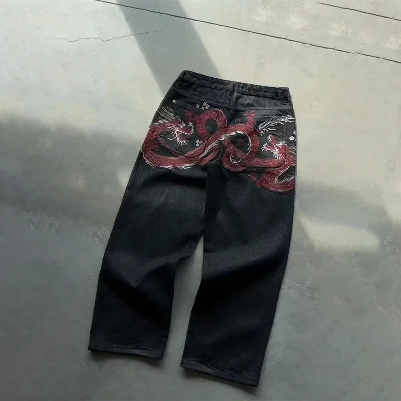 Y2K Baggy Jeans vintage Embroidered denim fabric American style jeans Gothic streetwear Hip Hop wide leg pants