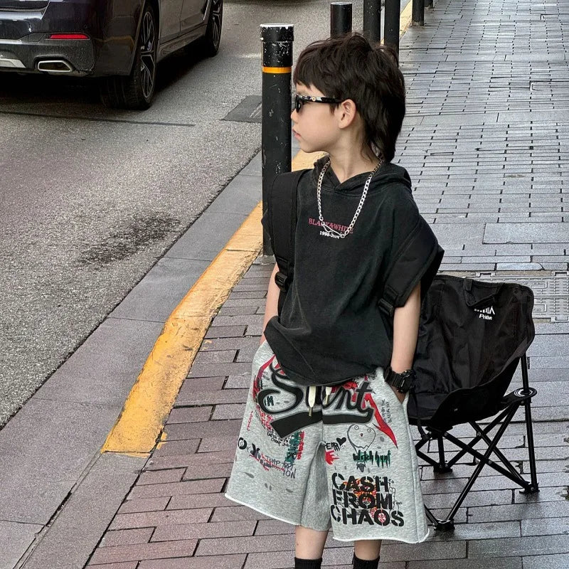 Korean Edition Boys' Trendy Cool Versatile Graffiti Casual Sports Pants Children's Stylish Shorts Trendy