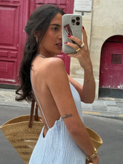Casual Blue Pleated Sling Long Dress Elegant Sleeveless Backless Off Shoulder Slim Fit Dresses Beach Party Robe