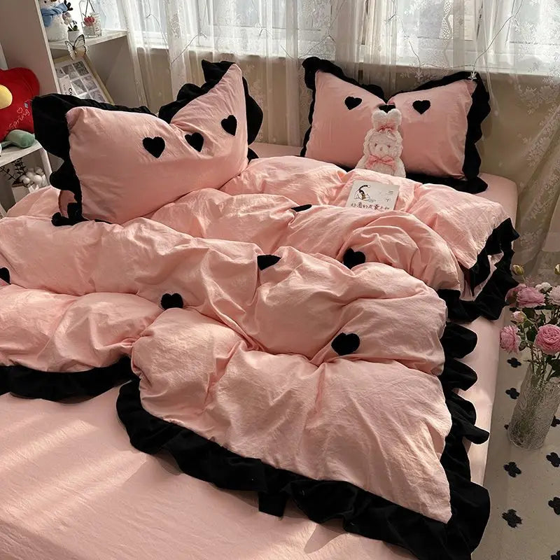 Ins Pink Bow Bedding Set Ruffles Duvet Cover Set Flat Sheet Set Girls Princess Bed Linen Set Single Twin Queen Bedclothes