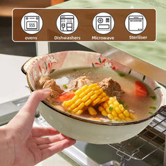 8.35 inch Japanese Style Vintage Amphora Ceramic Soup Bowl Microwave Oven Bowl with Non Slip Bottom Salad Pasta Fruit Bowl
