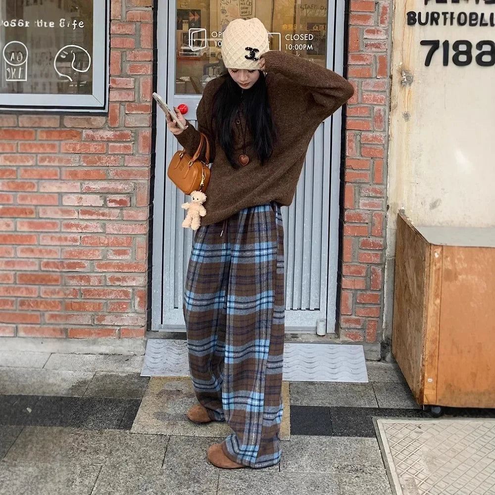 Blue Plaid Thickened Woolen Casual Pants Style Straight Leg Wide Leg Floor Length Trousers Trendy Long