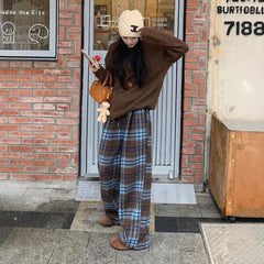 Blue Plaid Thickened Woolen Casual Pants Style Straight Leg Wide Leg Floor Length Trousers Trendy Long