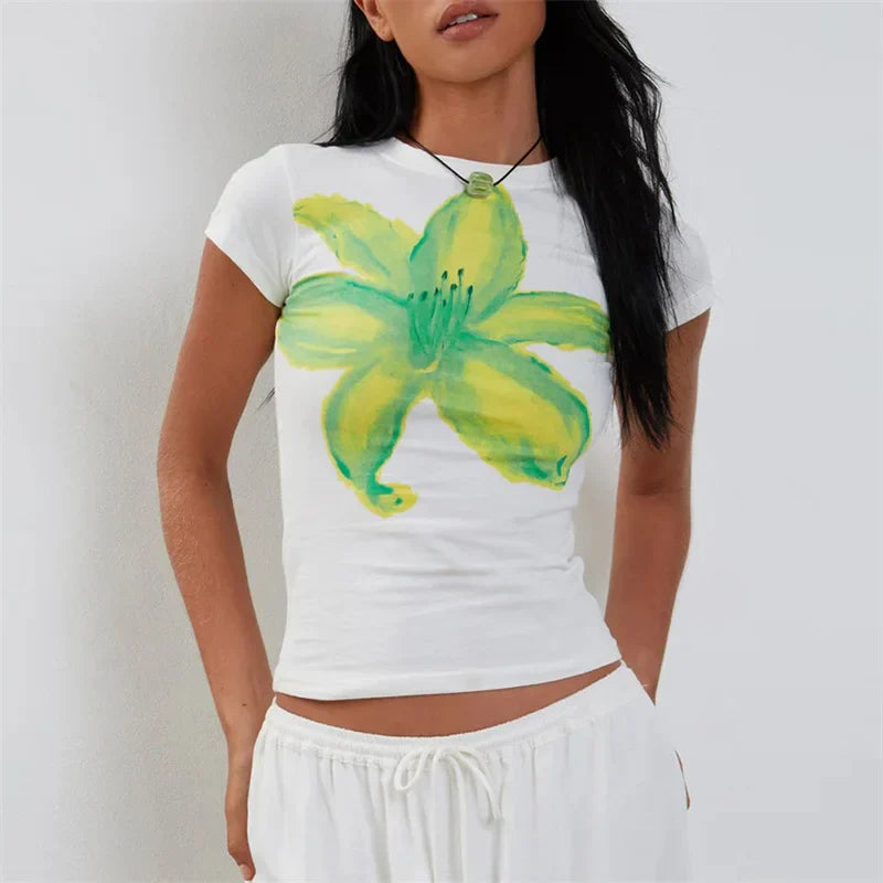 Xingqing y2k Crop Top 2000s Baby Tee Floral Print Round Neck Short Sleeve T Shirt Fairycore Clothes Streetwear