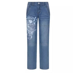 Street style clothing, irregular printed loose pants, low waisted pleated washed distressed multicolored jeans