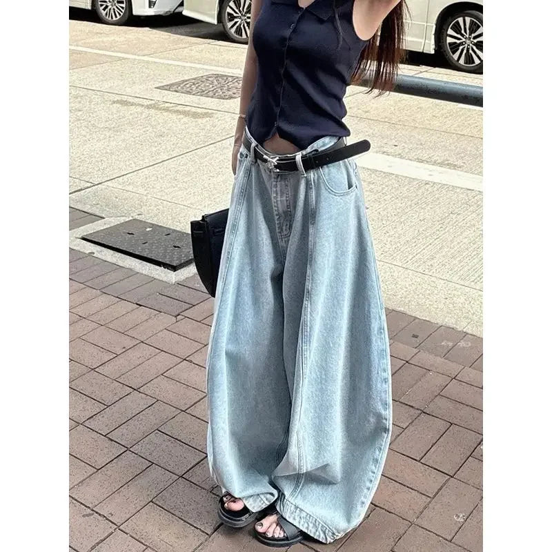 American Style High Waist Wide Leg Denim Jeans Retro Knife Edge Loose Fit Floor Length Pants