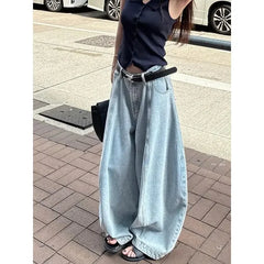 American Style High Waist Wide Leg Denim Jeans Retro Knife Edge Loose Fit Floor Length Pants