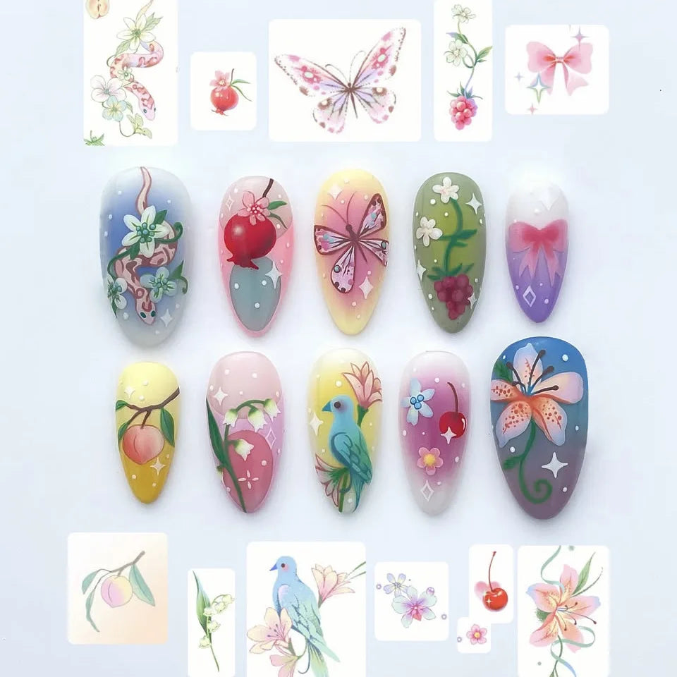 24pcs Flower Print Press on Nails Wine Red Blush Almond False Nail Tips Wearable Reusable Spicy Girl Fake Nails